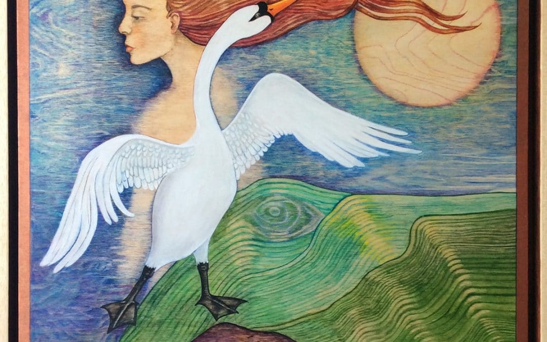 Leda and the Swan by Sally Williams, Oil on Wooden Panel, 50cm x 50cm